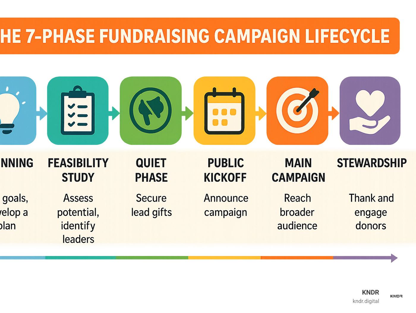 The 7-phase fundraising campaign lifecycle showing planning, feasibility study, quiet phase, public kickoff, main campaign, closing push, and stewardship phases with key activities and benchmarks for each - fundraising campaign management infographic